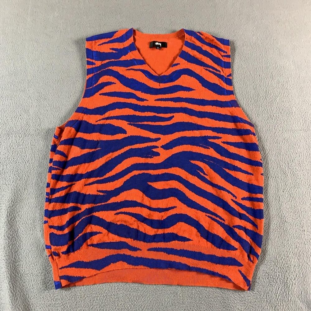 Stussy Sweater Vest Mens Large Orange Blue Tiger Stripe V Neck Knit Streetwear